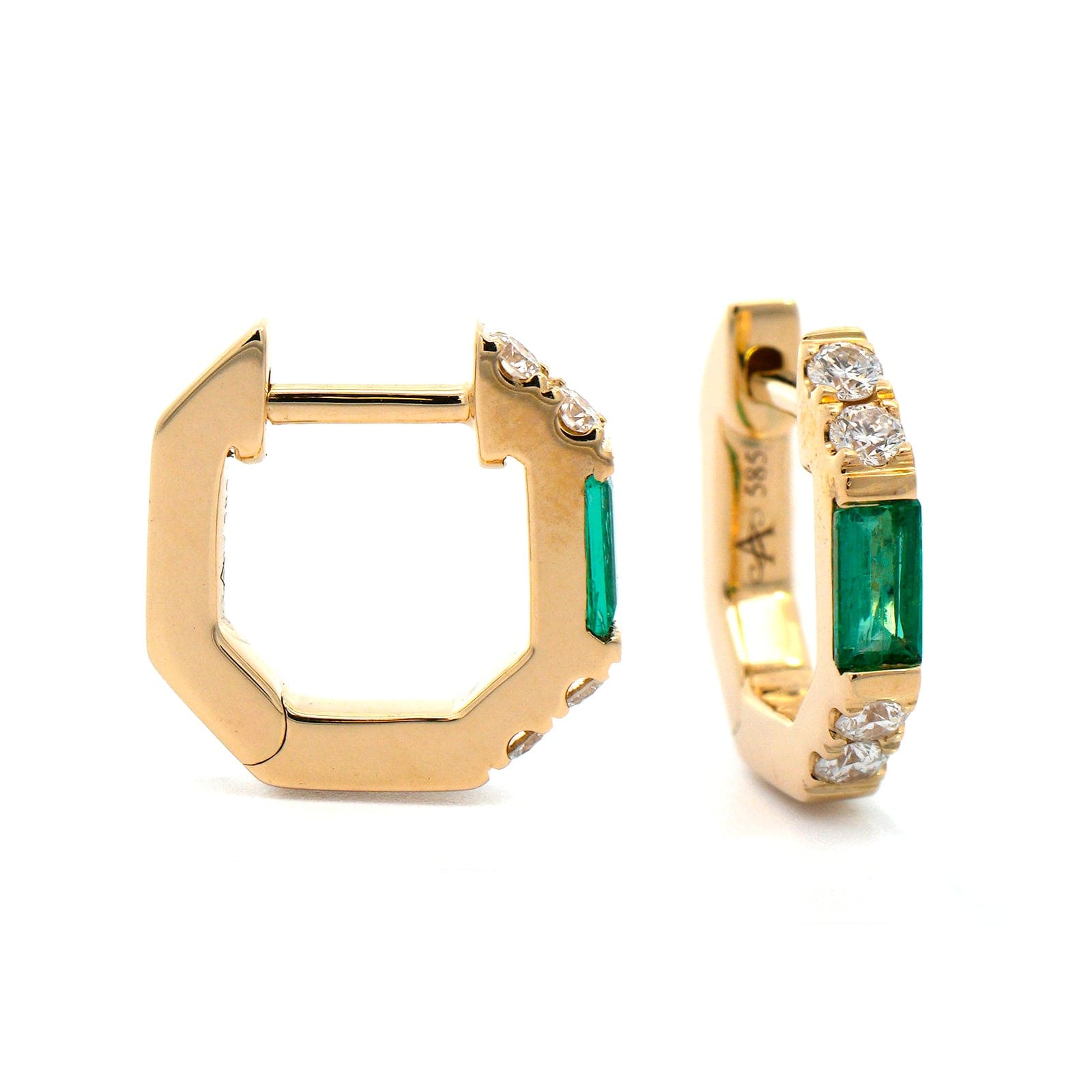 14K Yellow Gold Baguette Emerald and Round Diamond Huggie Earrings