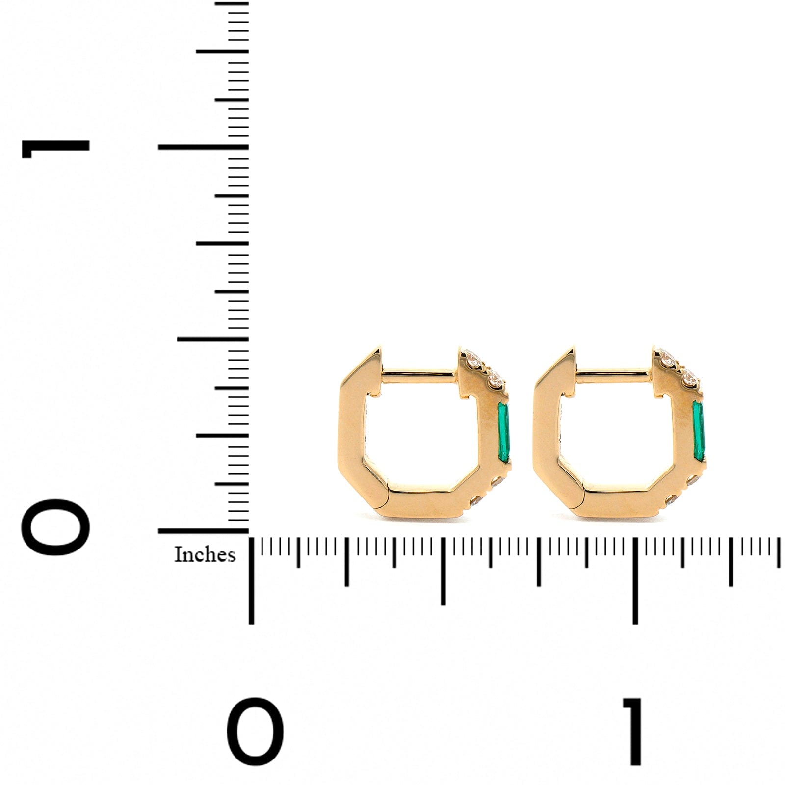14K Yellow Gold Baguette Emerald and Round Diamond Huggie Earrings