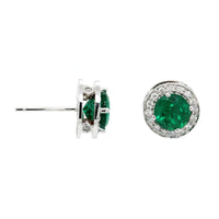 18K White Gold Round Emerald and Diamond Halo Stud Earrings