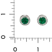 18K White Gold Round Emerald and Diamond Halo Stud Earrings