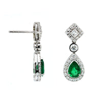 18K White Gold Pear Shaped Emerald and Round Diamond Drop Earrings