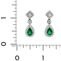 18K White Gold Pear Shaped Emerald and Round Diamond Drop Earrings
