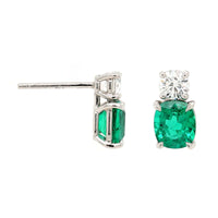 Platinum 2 Stone Oval Emerald & Round Diamond Studs