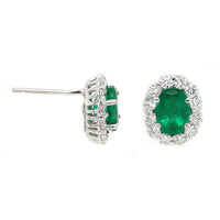 18K White Gold Oval Emerald and Diamond Halo Stud Earrings