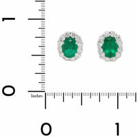 18K White Gold Oval Emerald and Diamond Halo Stud Earrings