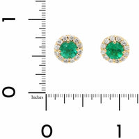18K Yellow Gold Round Emerald and Diamond Halo Stud Earrings