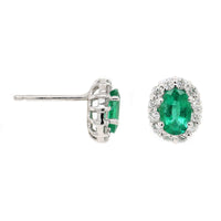 18K White Gold Oval Emerald and Diamond Halo Stud Earrings