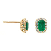 18K Yellow Gold Emerald and Diamond Halo Stud Earrings