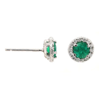 18K White Gold Round Emerald and Diamond Halo Stud Earrings