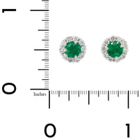 18K White Gold Round Emerald and Diamond Halo Stud Earrings