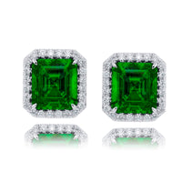 Platinum Emerald and Diamond Halo Stud Earrings