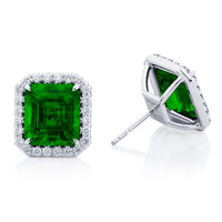 Platinum Emerald and Diamond Halo Stud Earrings
