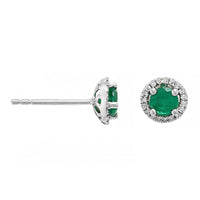 14K White Gold Round Emerald and Diamond Halo Stud Earrings