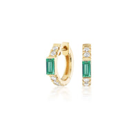 Sorellina 18K Yellow Gold Baguette Shaped Emerald and Round Diamond Otto Huggie Earrings
