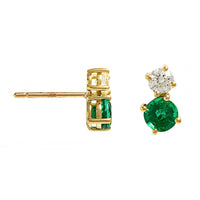 18K Yellow Gold 2 Stone Diamond and Emerald Stud Earrings