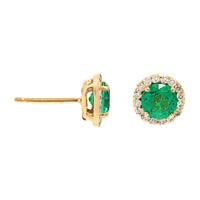 18K Yellow Gold Round Emerald and Diamond Halo Stud Earrings
