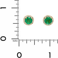 18K Yellow Gold Round Emerald and Diamond Halo Stud Earrings