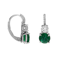 Platinum 2 Stone Round Emerald and Diamond Drop Earrings