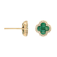 14K Yellow Gold Emerald and Diamond Quatrefoil Motif Stud Earrings