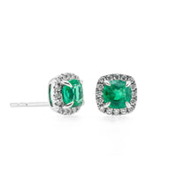 18K White Gold Cushion Shaped Emerald and Diamond Halo Stud Earrings