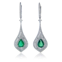 18K White Gold Pear Shaped Emerald and Diamond Halo Dangle Drop Earrings