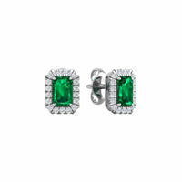 18K White Gold Emerald and Diamond Halo Stud Earrings