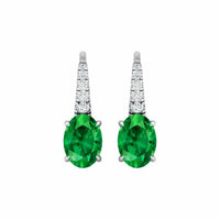 18K White Gold Oval Emerald and Diamond Dangle Earrings