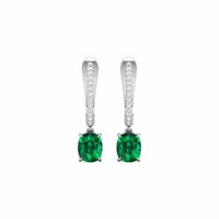 18K White Gold Cushion Shaped Emerald and Diamond Dangle Earrings