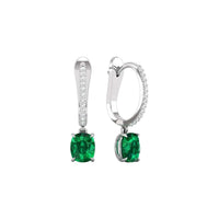 18K White Gold Cushion Shaped Emerald and Diamond Dangle Earrings