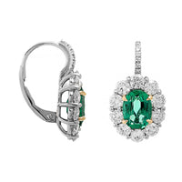 Platinum Oval Emerald and Diamond Halo Drop Earrings