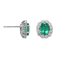 18K White Gold Oval Emerald and Diamond Halo Stud Earrings