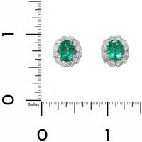 18K White Gold Oval Emerald and Diamond Halo Stud Earrings