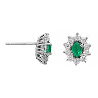 18K White Gold Oval Emerald and Diamond Halo Stud Earrings