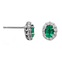 18K White Gold Oval Emerald and Diamond Halo Stud Earrings