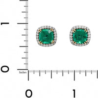 Platinum and 18K Yellow Gold Cushion Emerald and Diamond Halo Studs