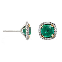 Platinum and 18K Yellow Gold Cushion Emerald and Diamond Halo Studs
