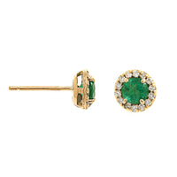 18K Yellow Gold Round Emerald and Diamond Halo Stud Earrings