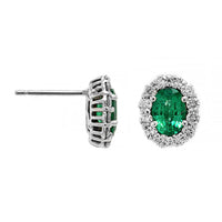 18K White Gold Oval Emerald and Diamond Halo Stud Earrings