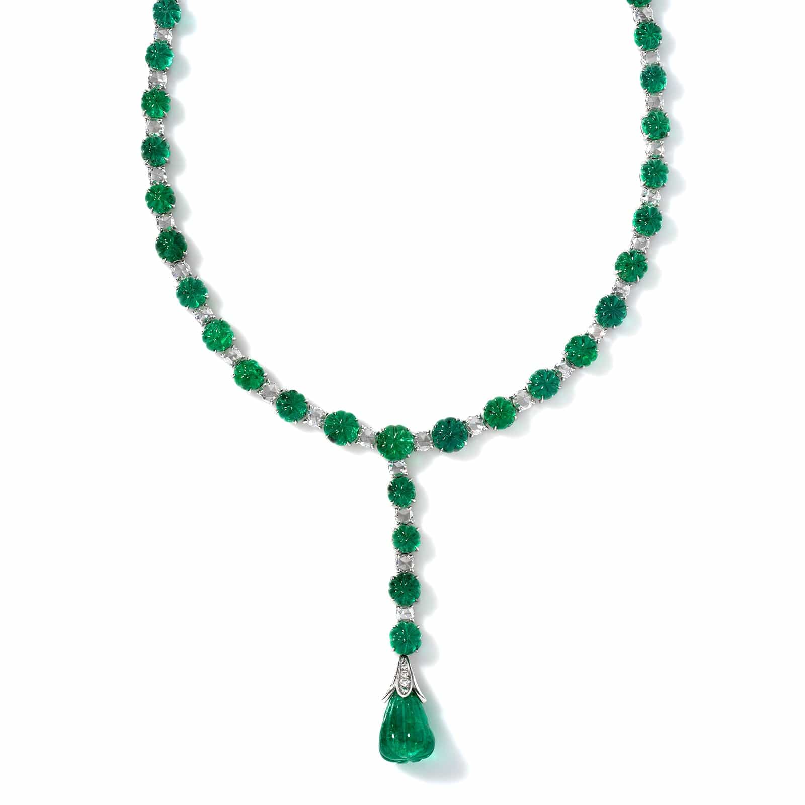 Bayco Platinum Diamond and Melon Shaped Emerald Lariat Necklace