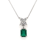 18K White Gold Emerald and Diamond Cluster Pendant Necklace