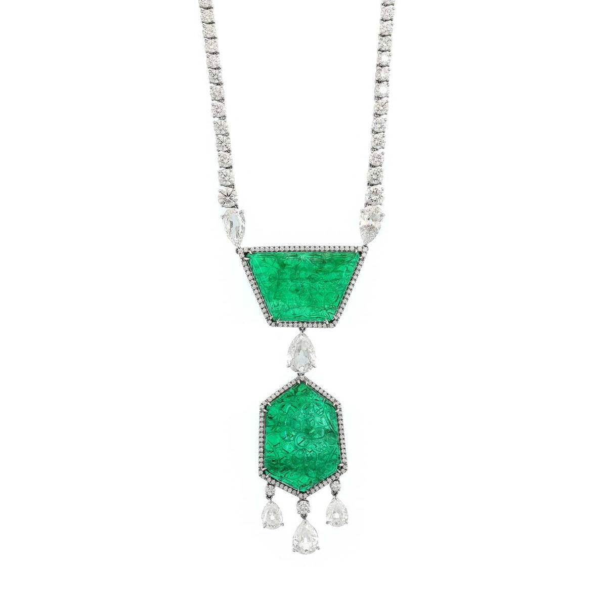 Bayco Platinum Diamond and Carved Emerald Pendant Necklace