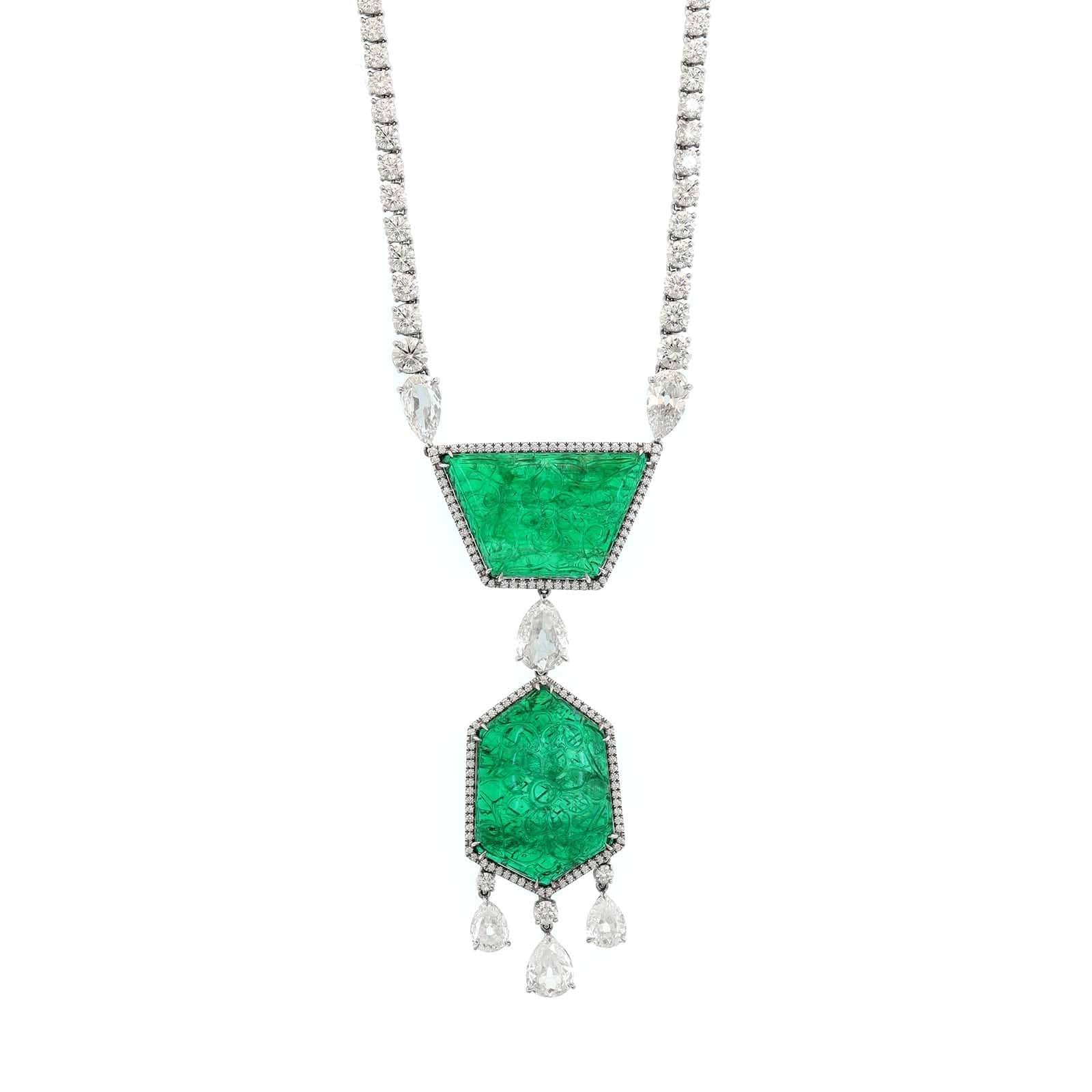 Bayco Platinum Diamond and Carved Emerald Pendant Necklace