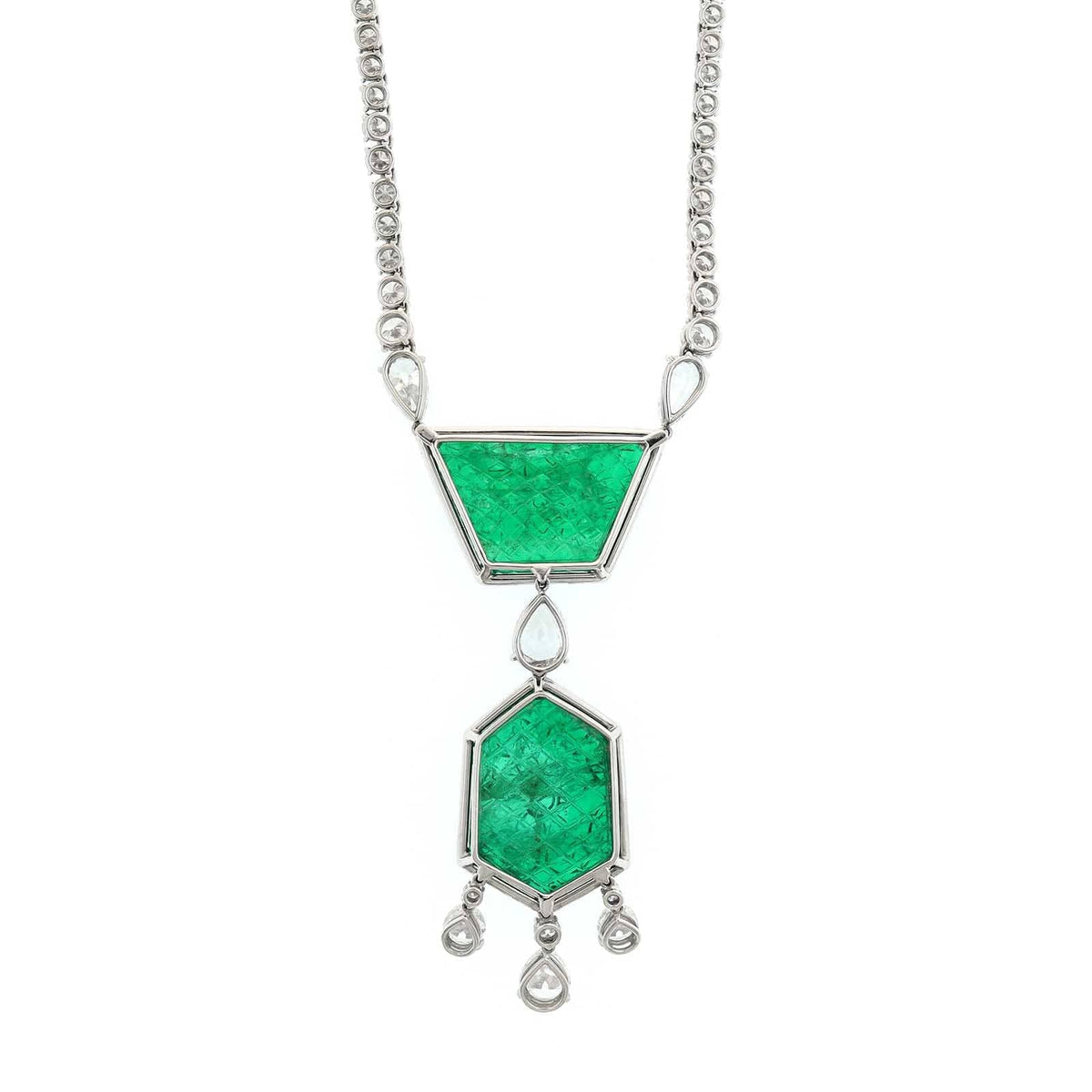 Bayco Platinum Diamond and Carved Emerald Pendant Necklace