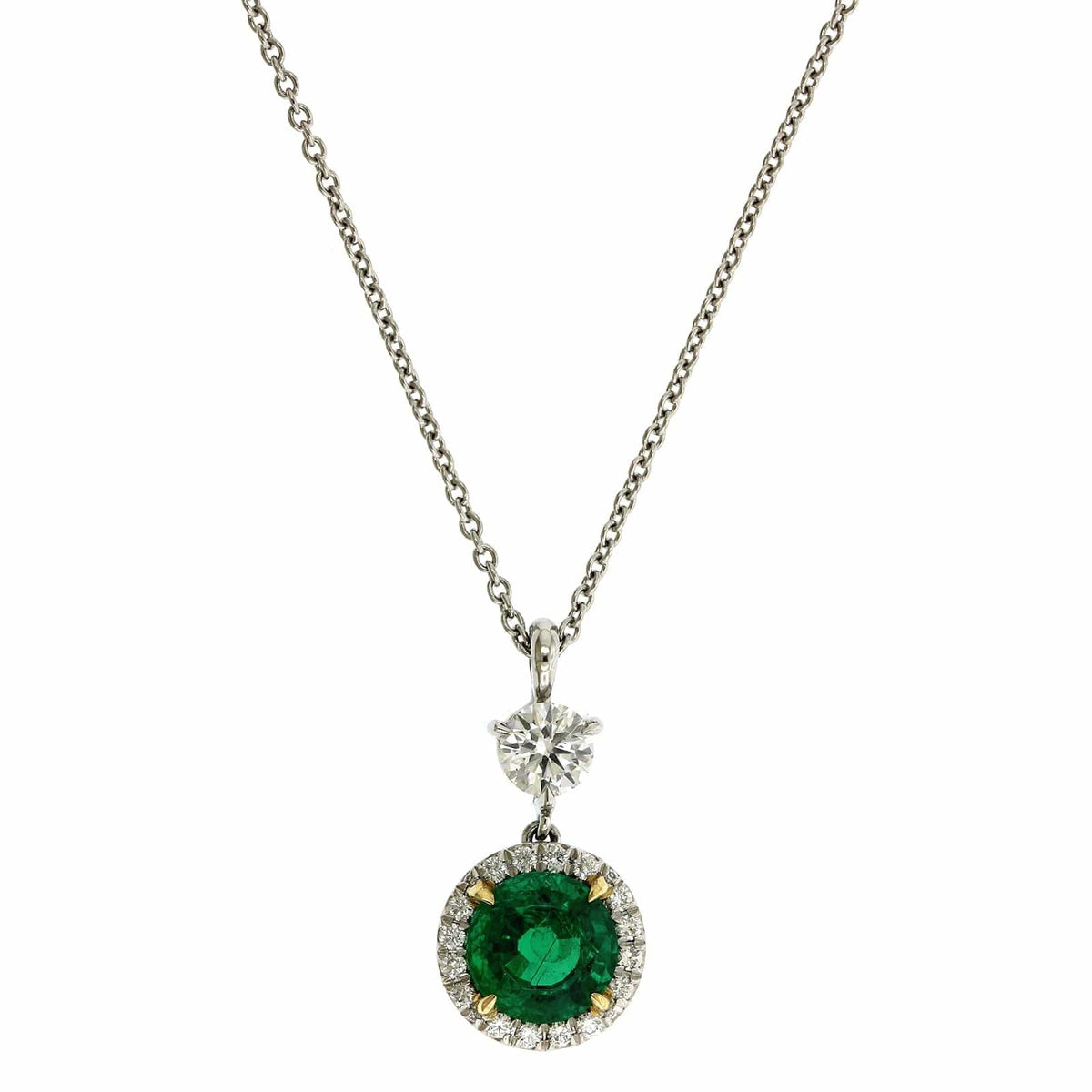 Platinum Emerald and Diamond Halo Pendant