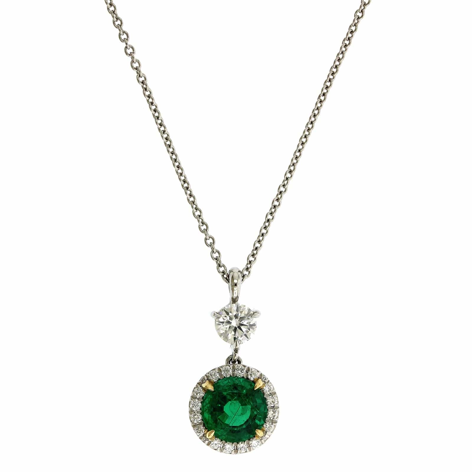 Platinum Emerald and Diamond Halo Pendant