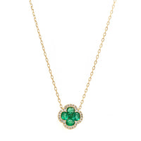 14K Yellow Gold Emerald and Diamond Quatrefoil Motif Pendant Necklace