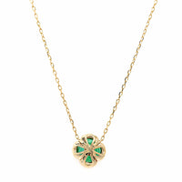 14K Yellow Gold Emerald and Diamond Quatrefoil Motif Pendant Necklace