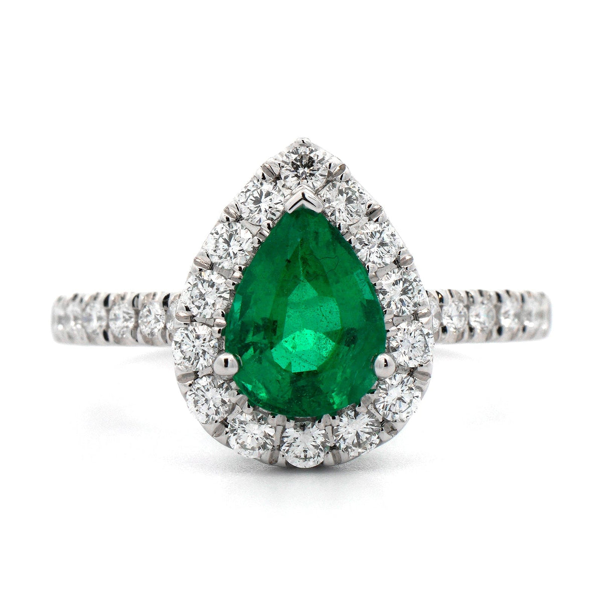18K White Gold Pear Emerald and Diamond Ring