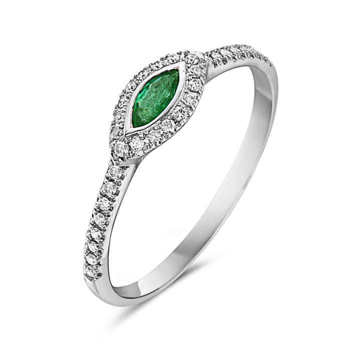 14K White Gold Marquise Emerald & Diamond Halo Ring