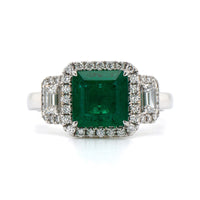 18K White Gold Emerald and Diamond Halo Ring